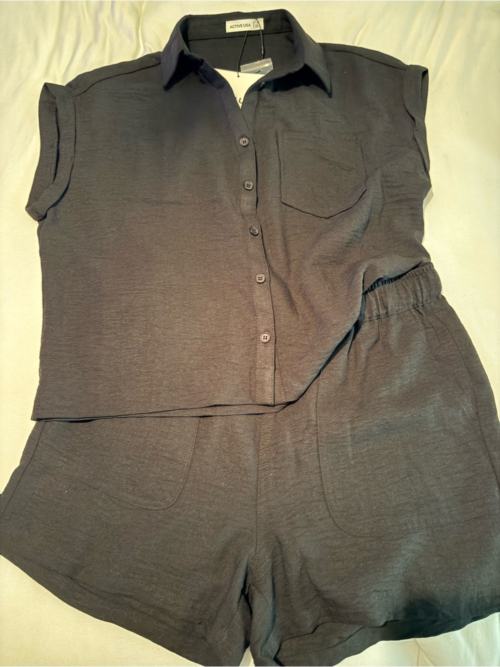 Active USA Black Short-Sleeve Button Pajama Set